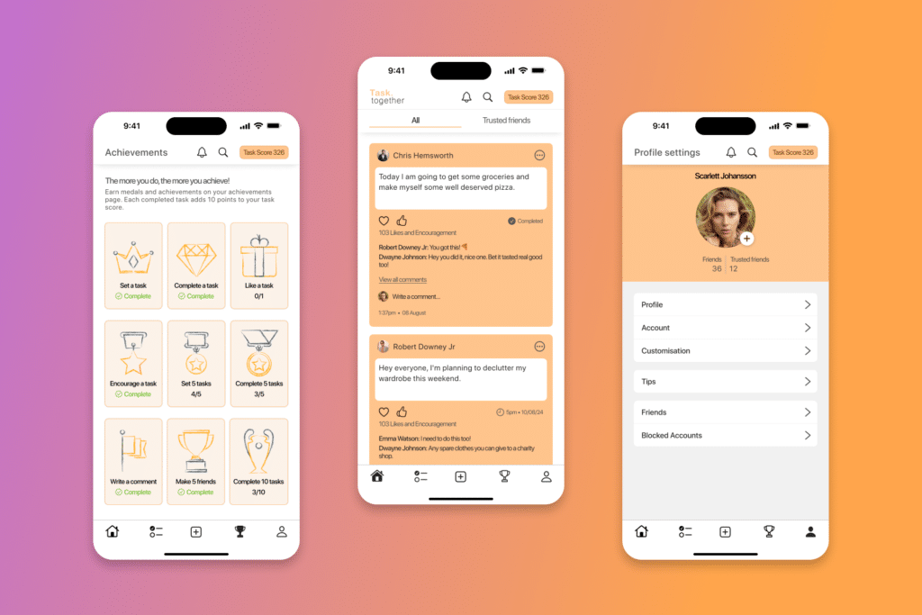 3 screenshots of Task Together on a purple and orange gradient.