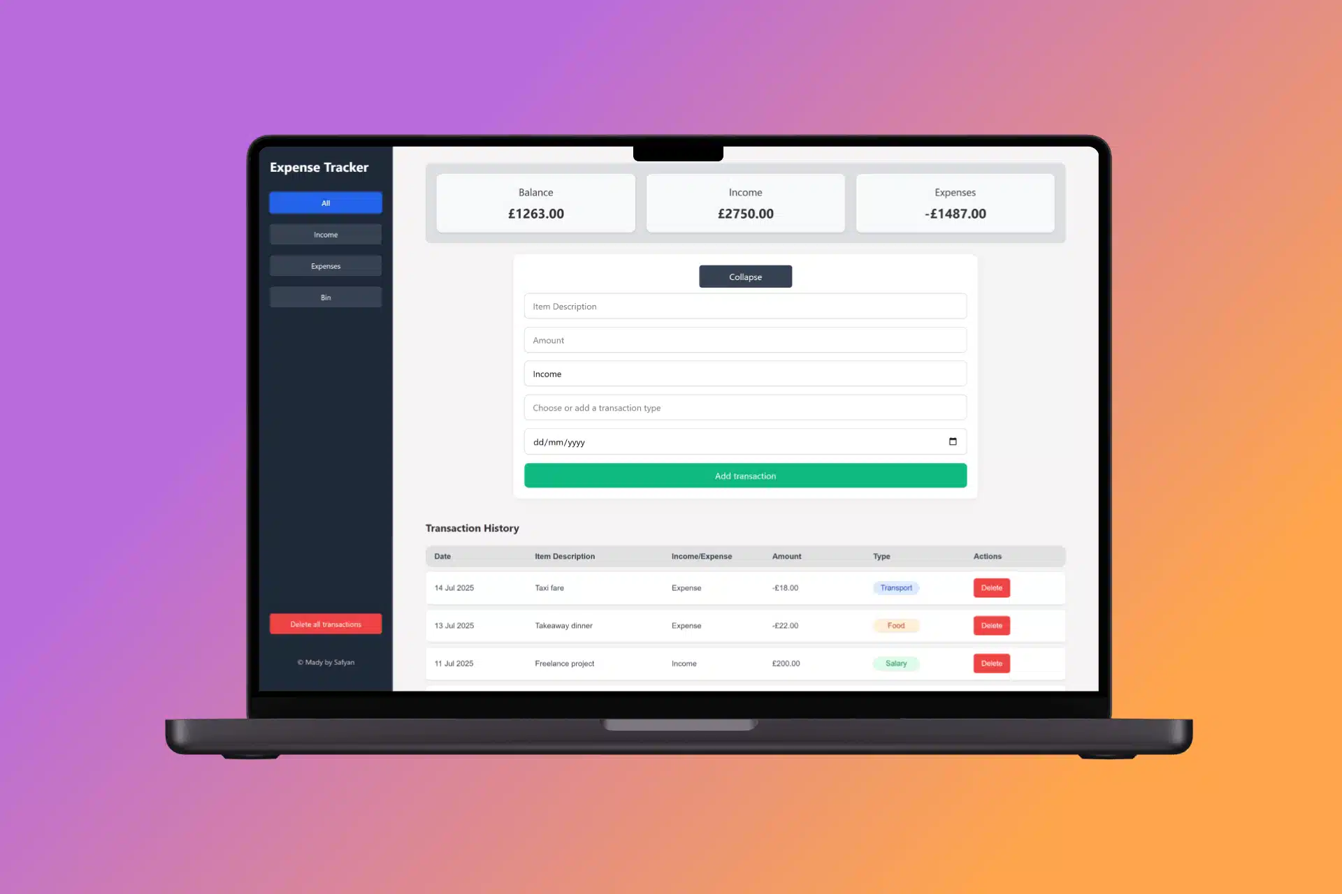 Macbook render showing expense tracker website