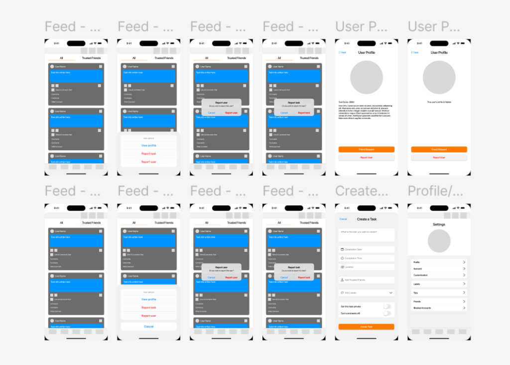 A grid of lo-fi designs for Task Together.