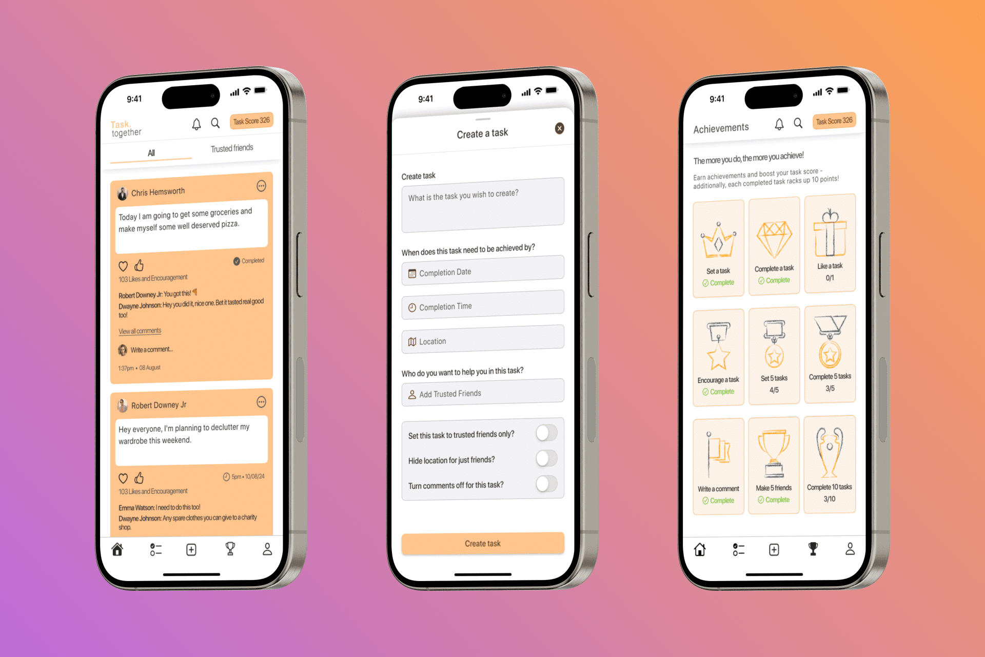 3 iPhone renders of Task Together on a linear gradient background. Feed, create a task, achievements