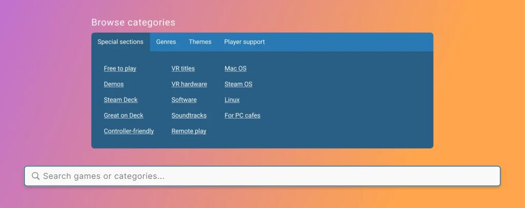 A Browse categories and search bar that shows the navigation improvements on the Steam redesign page.