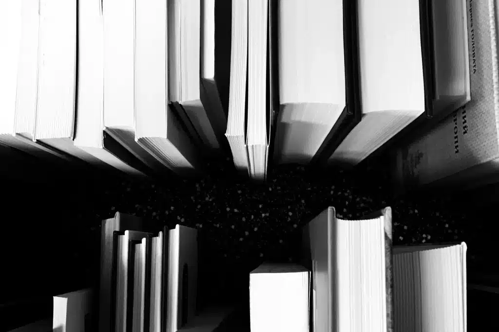 A black and white image of a selection of books.