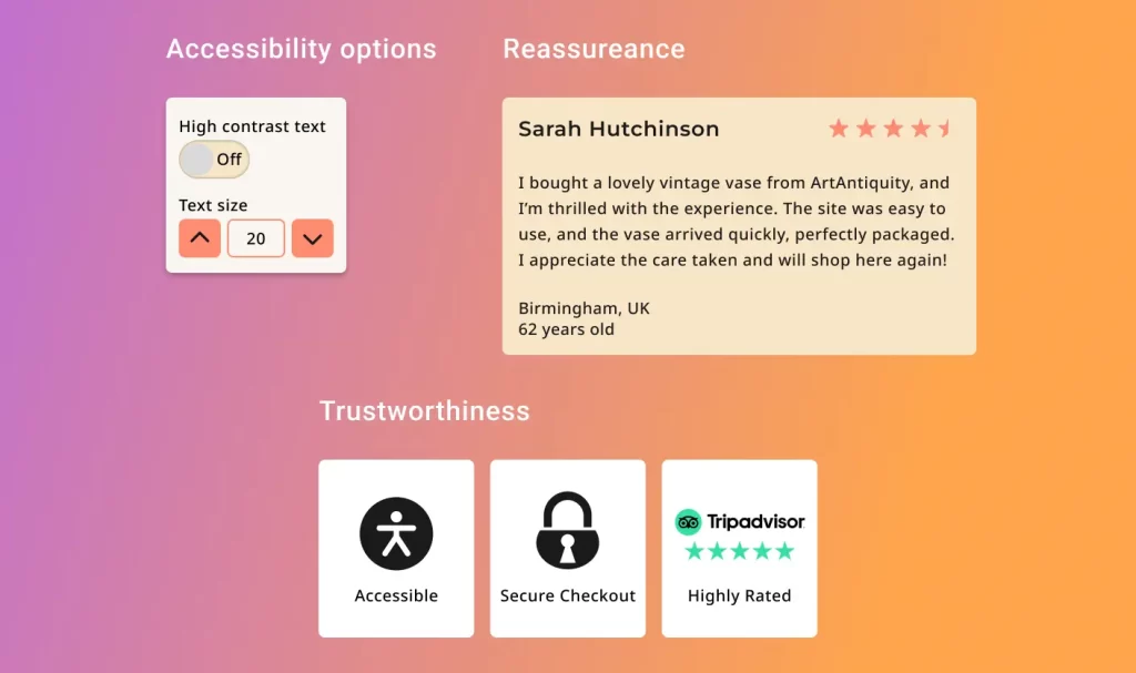 Assessability, testimonial and trust cards shown from website.