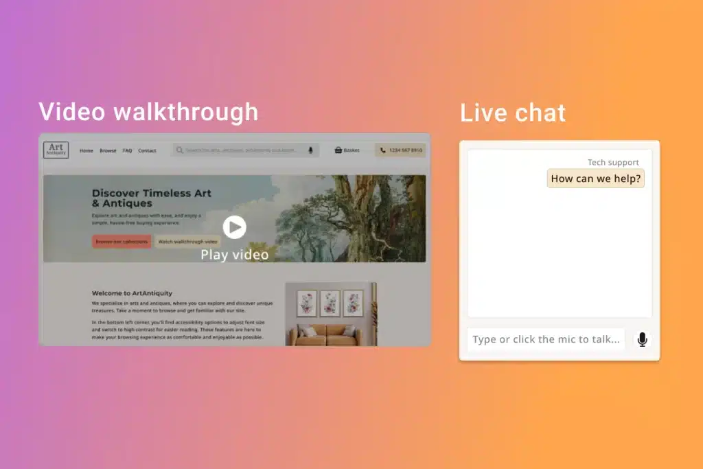 An image showing the video walkthrough and live chat features available on the ArtAntiquity site.