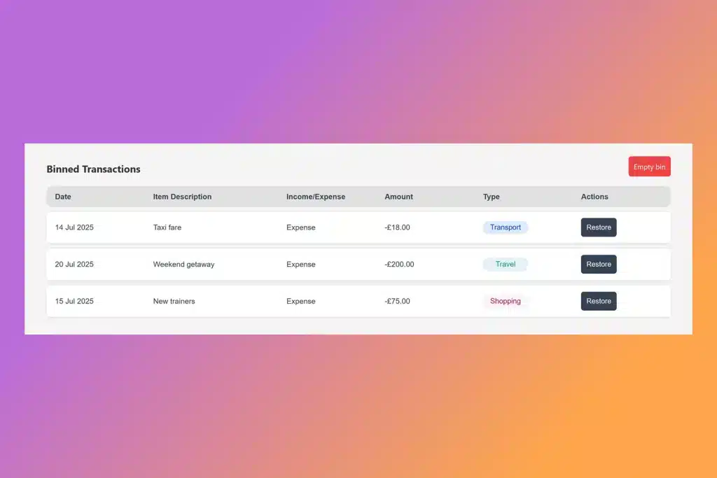 A screenshot showing binned transactions with restore buttons and empty bin button