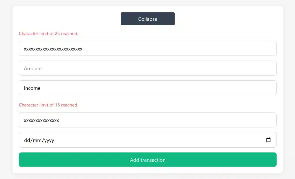 A screenshot showing character limits in input fields for security.