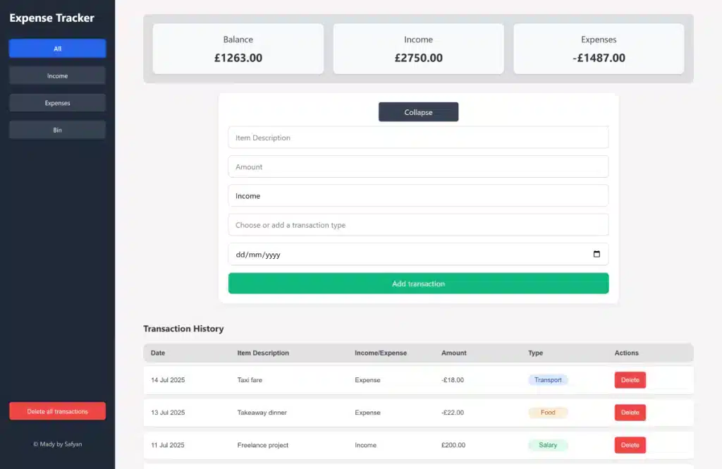 Screenshot of expense tracking website.