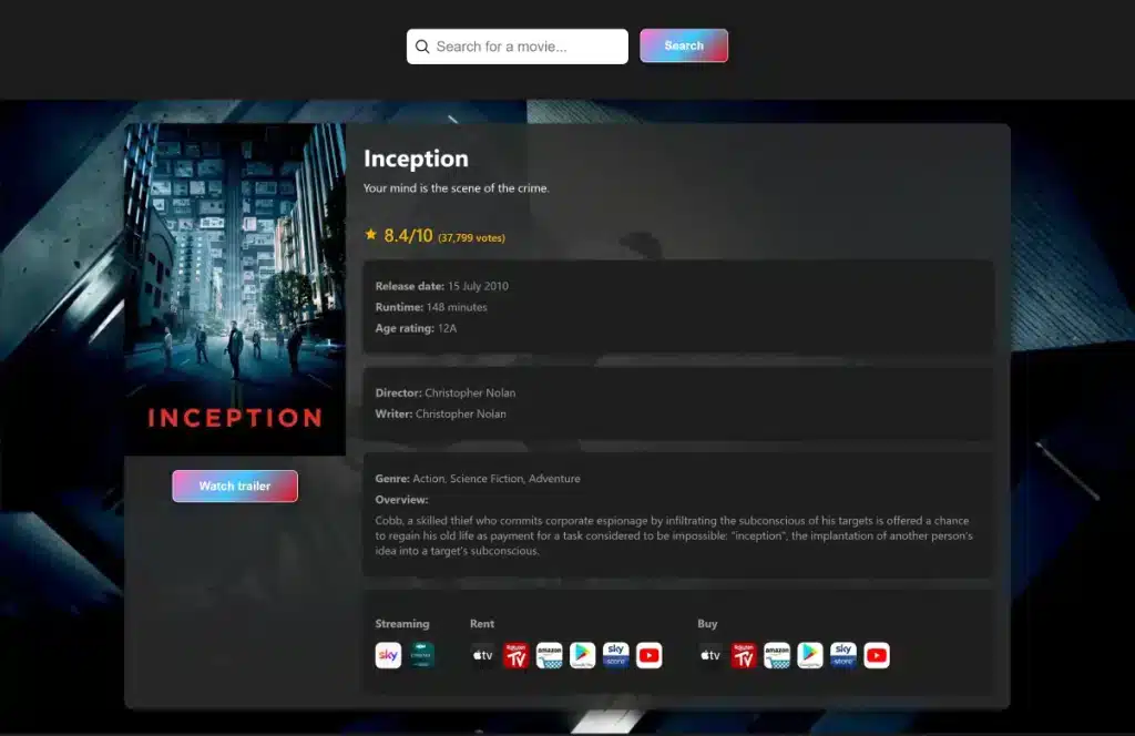 A screenshot showing inception movie details